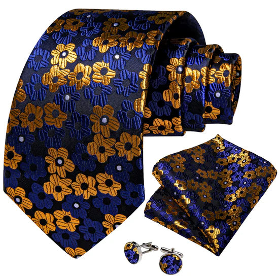 Blue gold Flower mens silk tie 8364