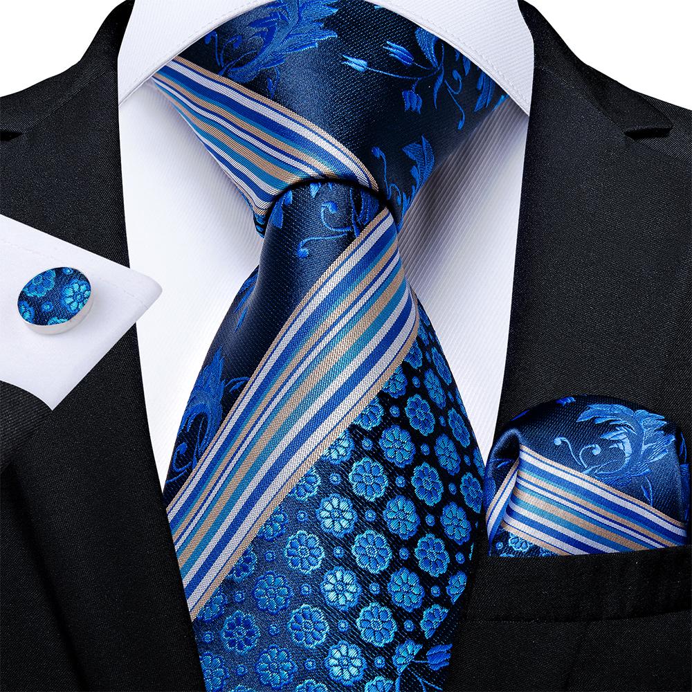 BLUE WHITE FLORAL STRIPE Mens silk tie 7311