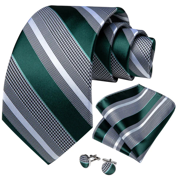 GREEN GREY STRIPED Mens silk tie 7411