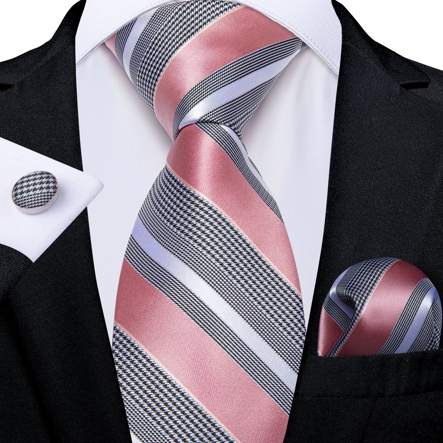 7408 Pink/Grey/White Stripe mens silk tie
