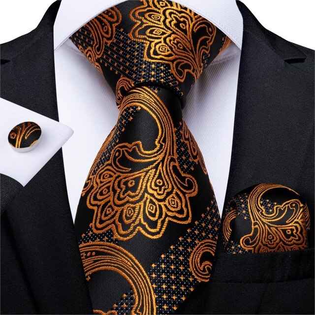 Gold Black Striped/Star Paisley silk tie 7318