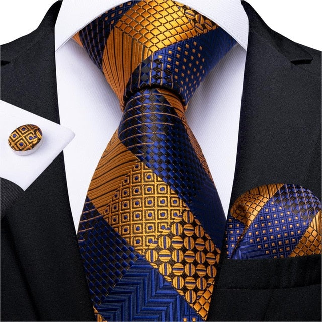 Gold Blue Square Stripe Silk Tie 7329