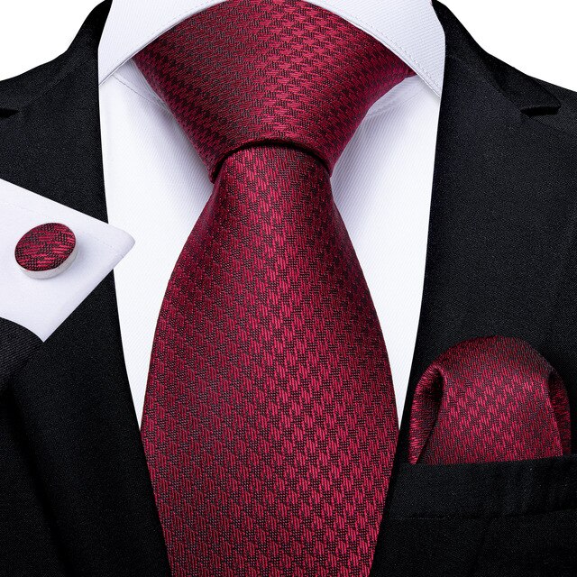 Red/Plain/Pattern Design 100% Silk Tie For Men Hanky Cufflink Set