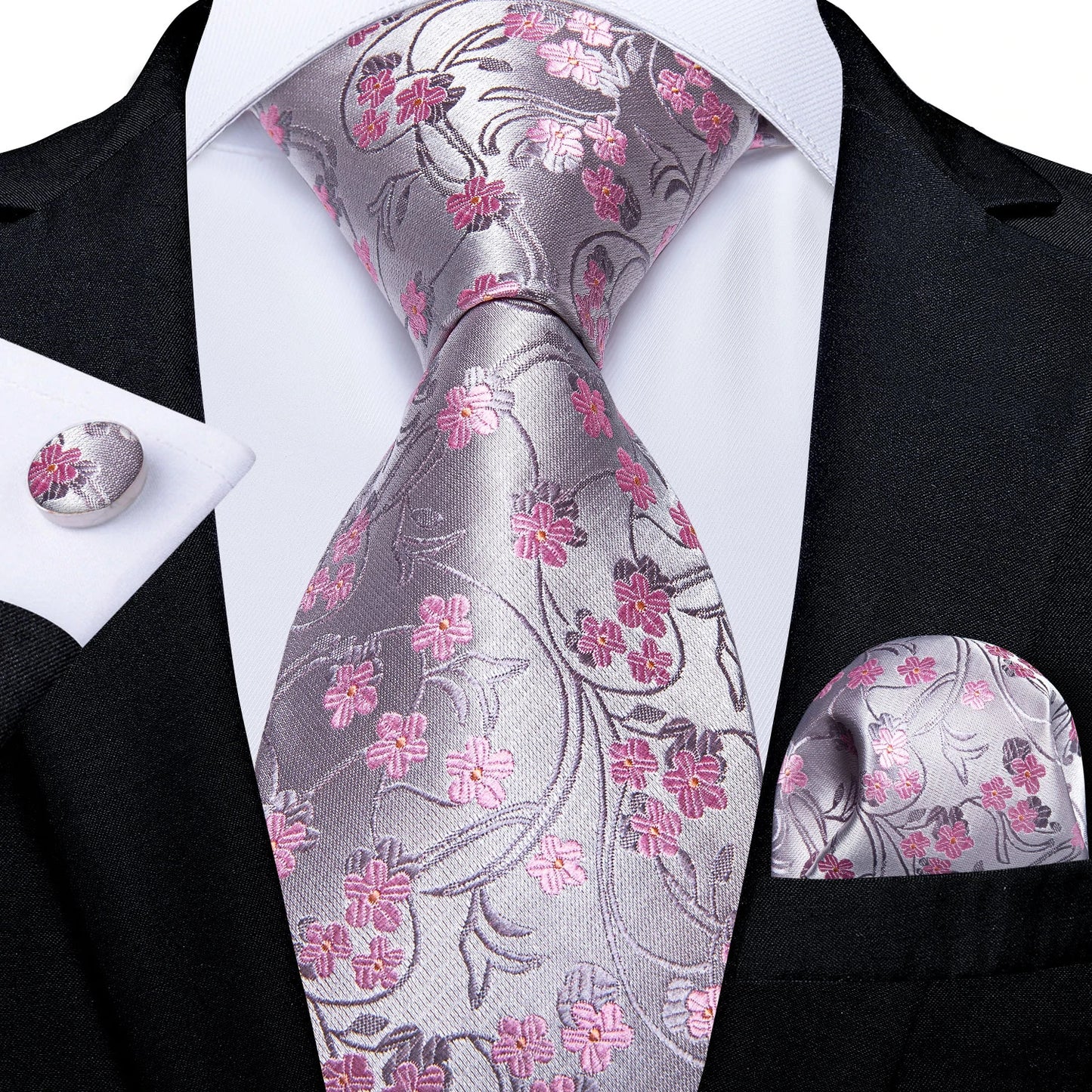 SWEET PINK FLORAL TIE POCKET SQUARE CUFFLINKS SET 1049