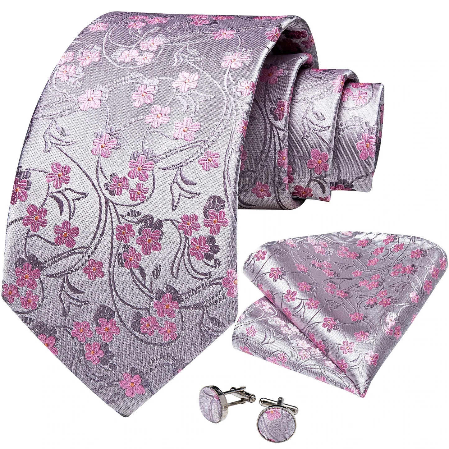 SWEET PINK FLORAL TIE POCKET SQUARE CUFFLINKS SET 1049