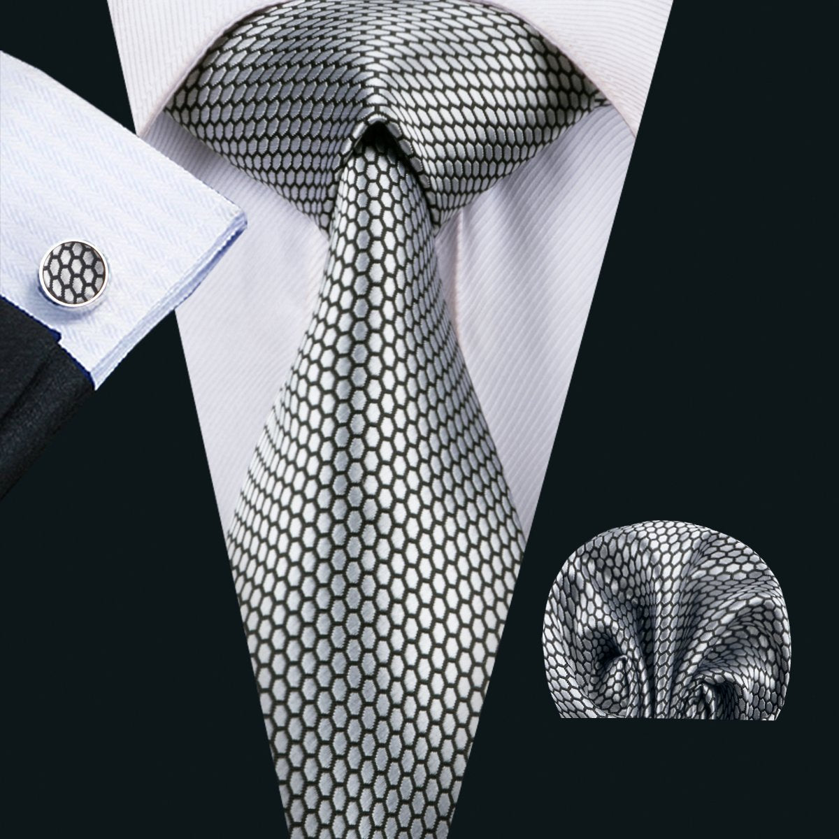 Silver/Gray 100% Silk Geometric Tie For Men Hanky Cufflinks Set 1536