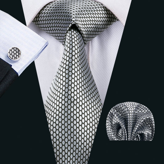 Silver/Gray 100% Silk Geometric Tie For Men Hanky Cufflinks Set 1536