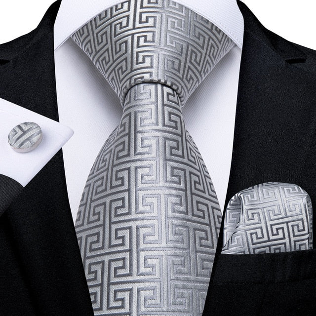 Silver/Maze 100% Silk Tie For Men Hanky Cufflinks Set 0484