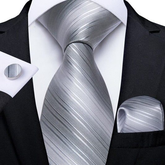 Silver/Small Striped 100% Silk Tie For Men Hanky Cufflinks Set