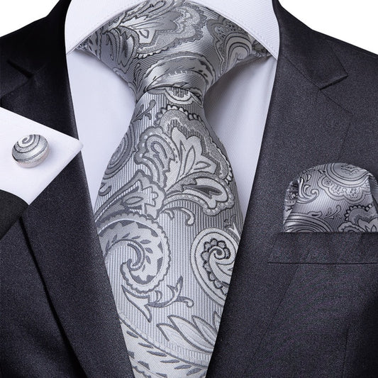 Silver/Gray Paisley 100% Silk Tie For Men Hanky Cufflinks Set 7244