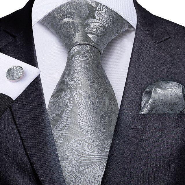 Silver Paisley 100% Silk Tie For Men Hanky Cufflinks Set 7185