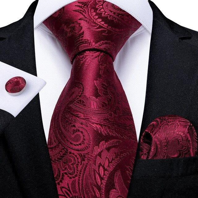 Red Wine Paisley Design 100% Silk Tie For Men Hanky Cufflink Set 7189