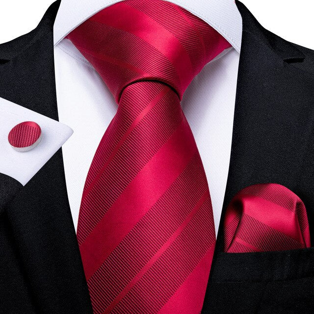 Red/3 Stripe 100% Silk Tie For Men Hanky Cufflink Set 7221