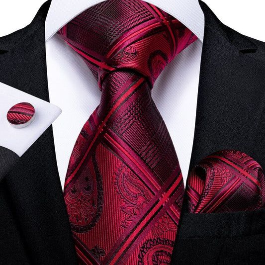 Red Wine Paisley/Cross 100% Silk Tie Hanky Cufflink Set 7325