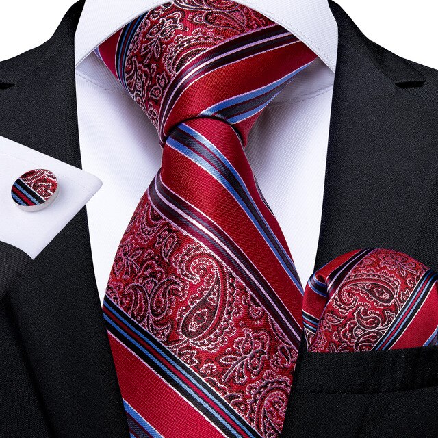 Red/Blue Paisley Design 100% Silk Tie For Men Hanky Cufflink Set 7343